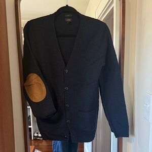 J. Crew Navy Cardigan with Brown Elbow Patches